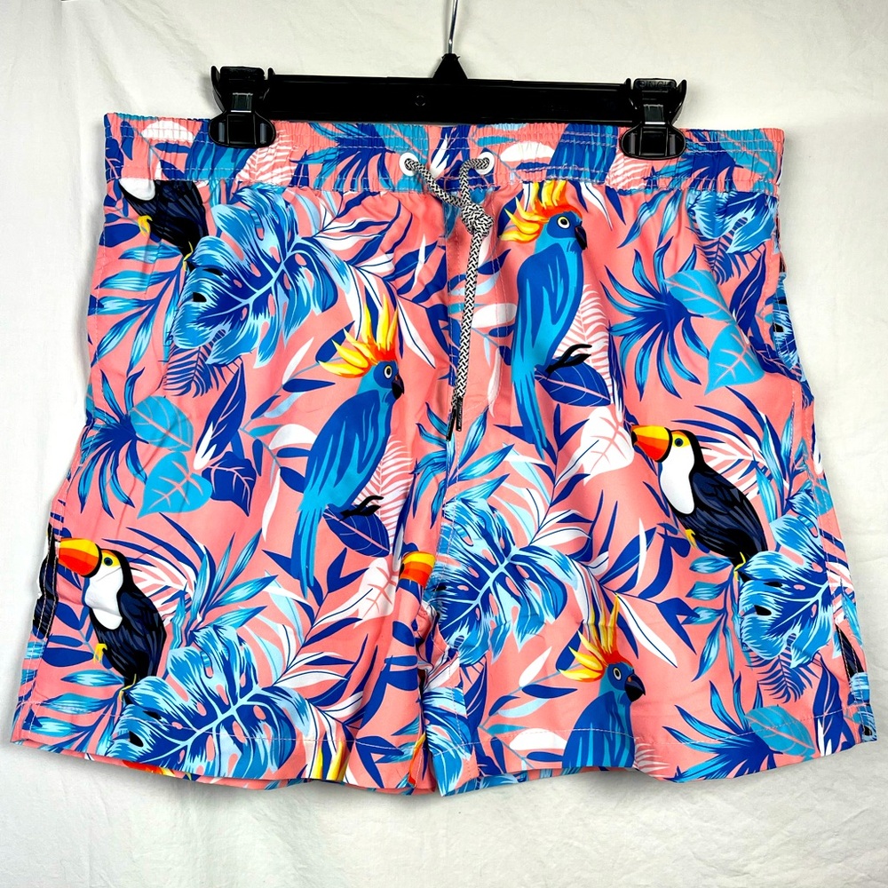 Maamgic Men's Swim Trunks-Tropical Toucan-L-Pink & Blue-NWT